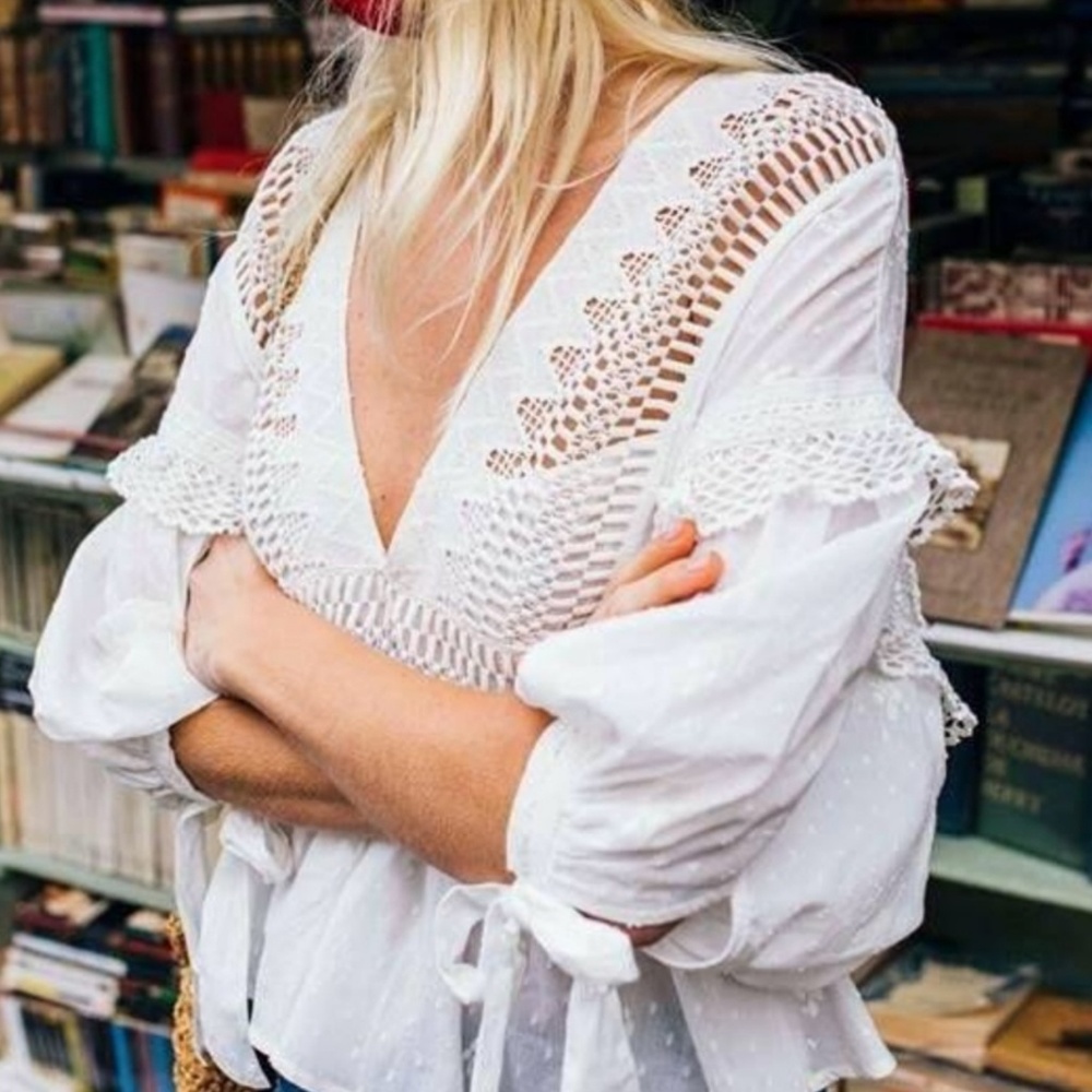 Free People Drive You Mad Blouse Cotton Lacey Embroidered Ivory Size Md & Lg NWT - Picture 3 of 16